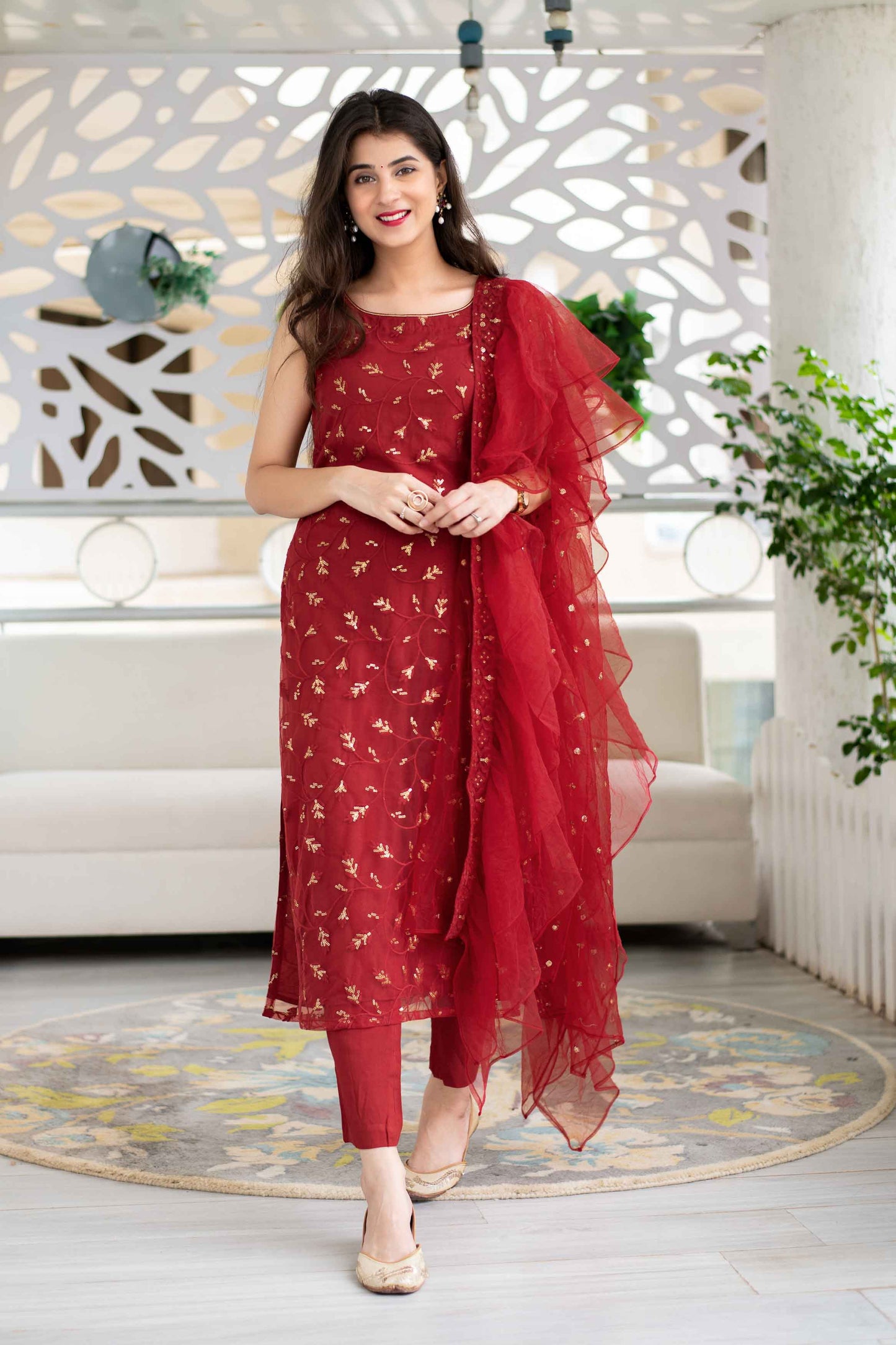 Women's Red Sequin Kurta Suit Set With Net Ruffle Dupat