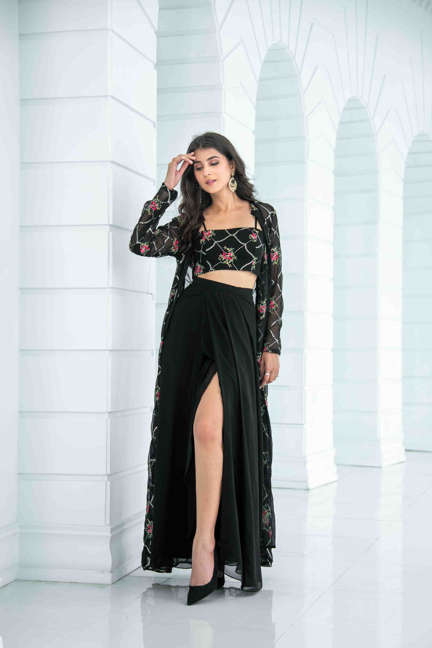 Women's Black Slit Dhoti With Jacket