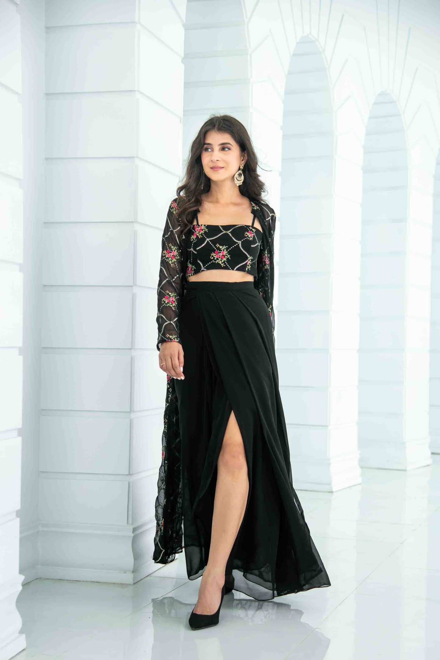 Women's Black Slit Dhoti With Jacket