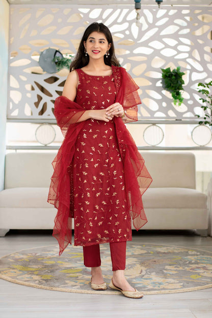 Women's Red Sequin Kurta Suit Set With Net Ruffle Dupat
