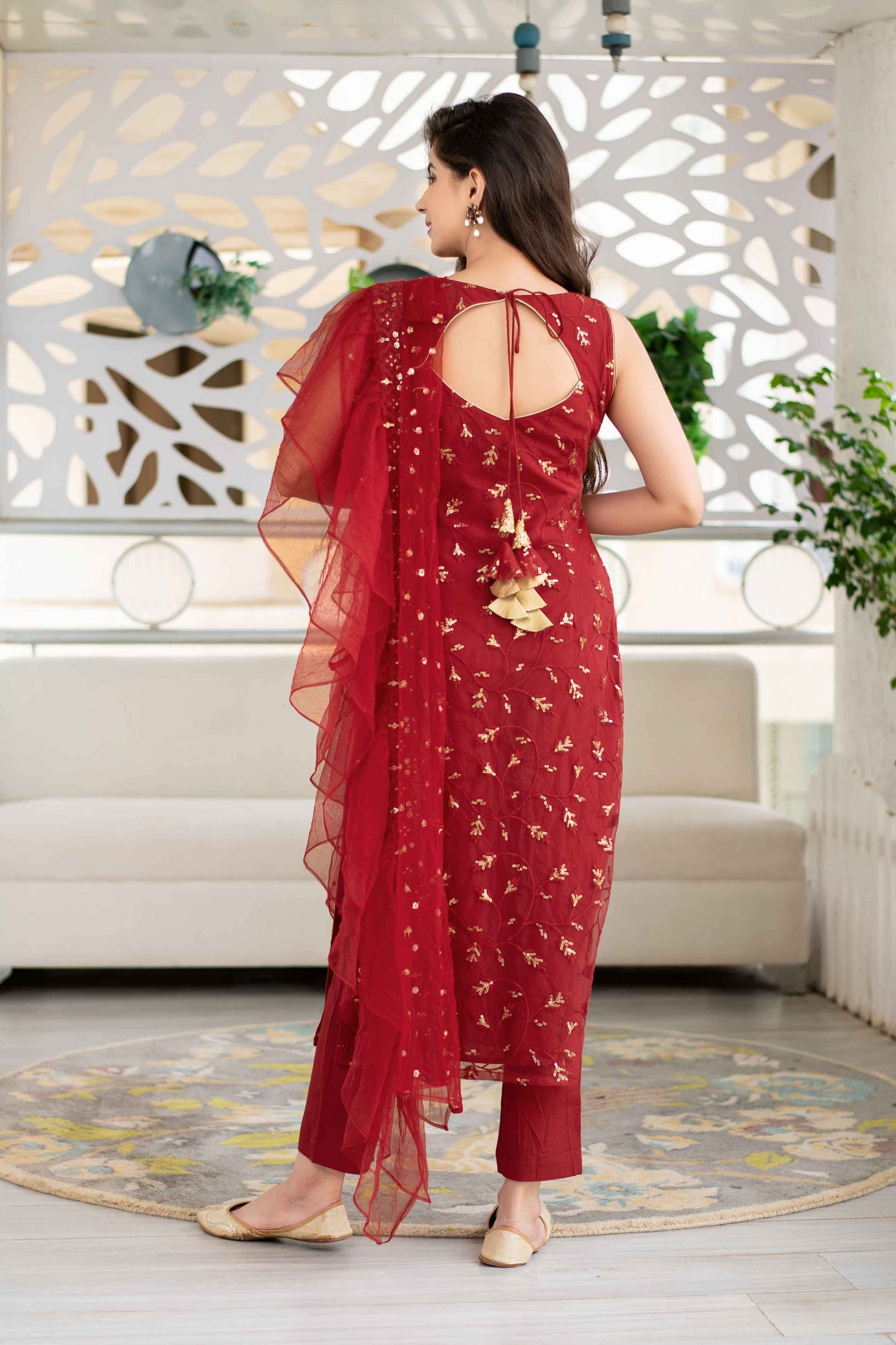 Women's Red Sequin Kurta Suit Set With Net Ruffle Dupat