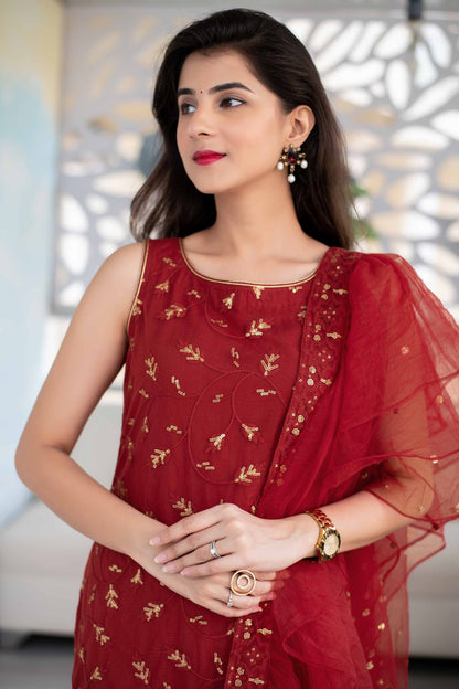Women's Red Sequin Kurta Suit Set With Net Ruffle Dupat