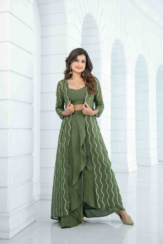 Women's Olive Skirt Dhoti With Jacket