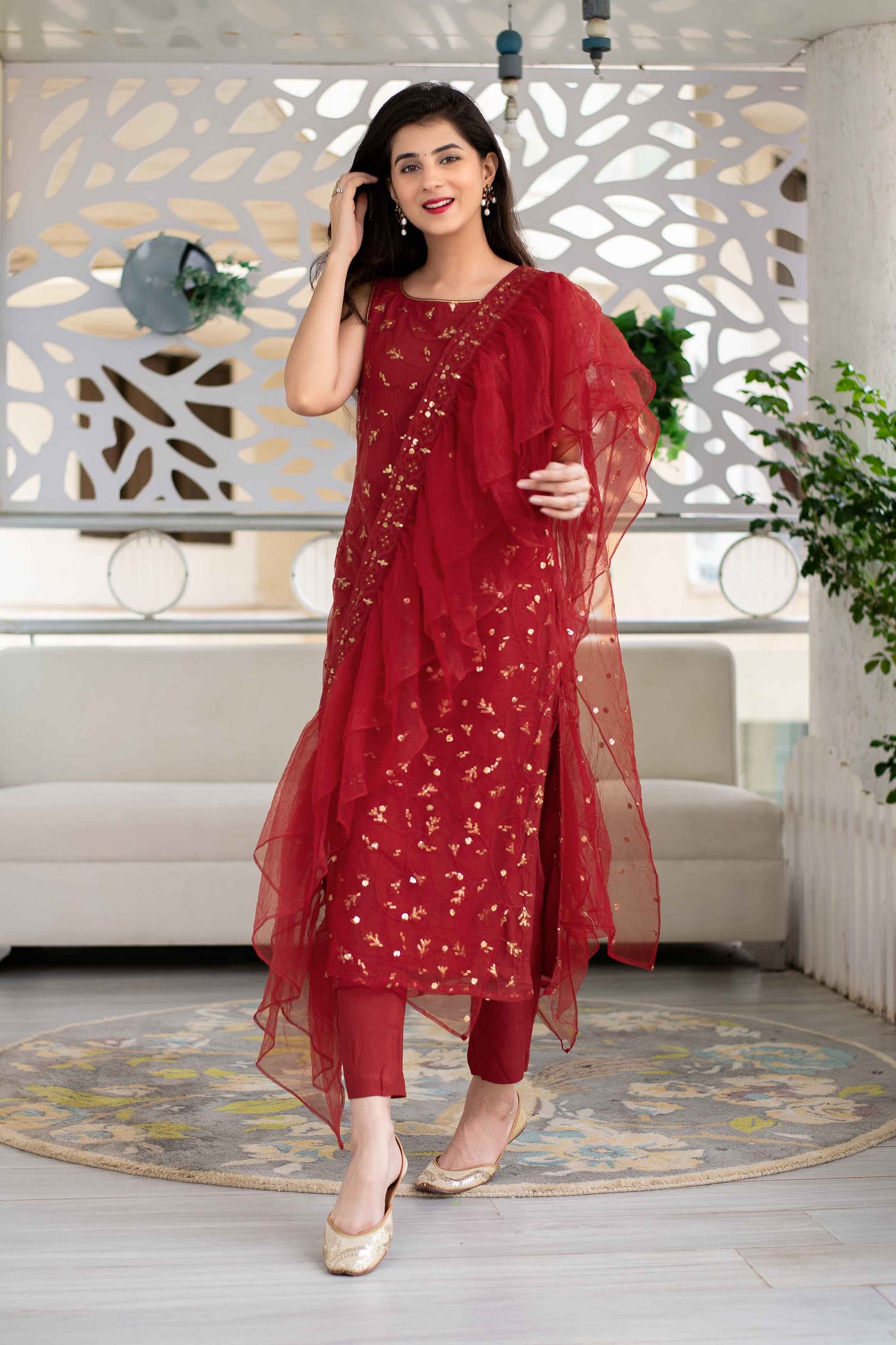 Women's Red Sequin Kurta Suit Set With Net Ruffle Dupat