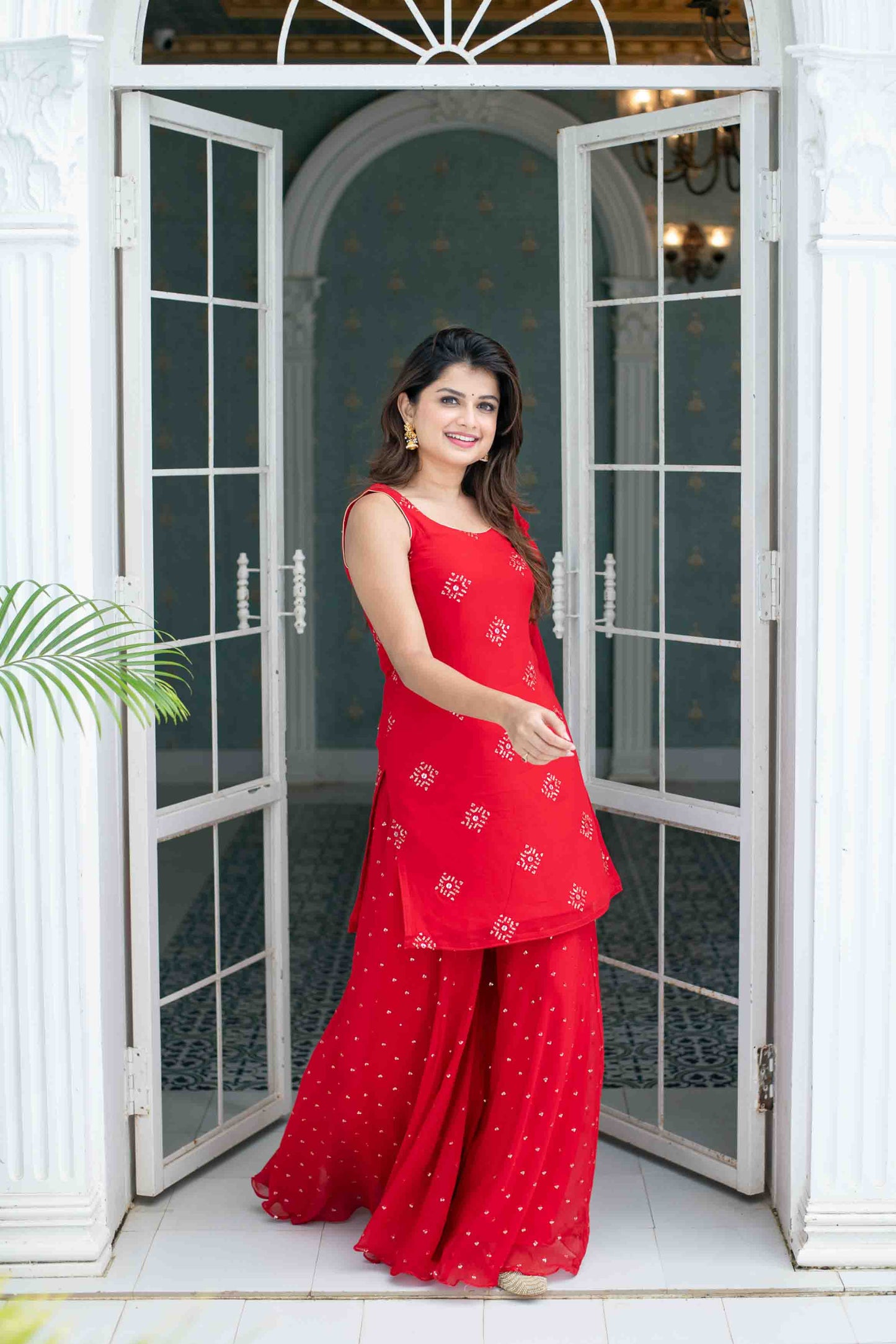 Women's Red Short Kurta With Palazzo