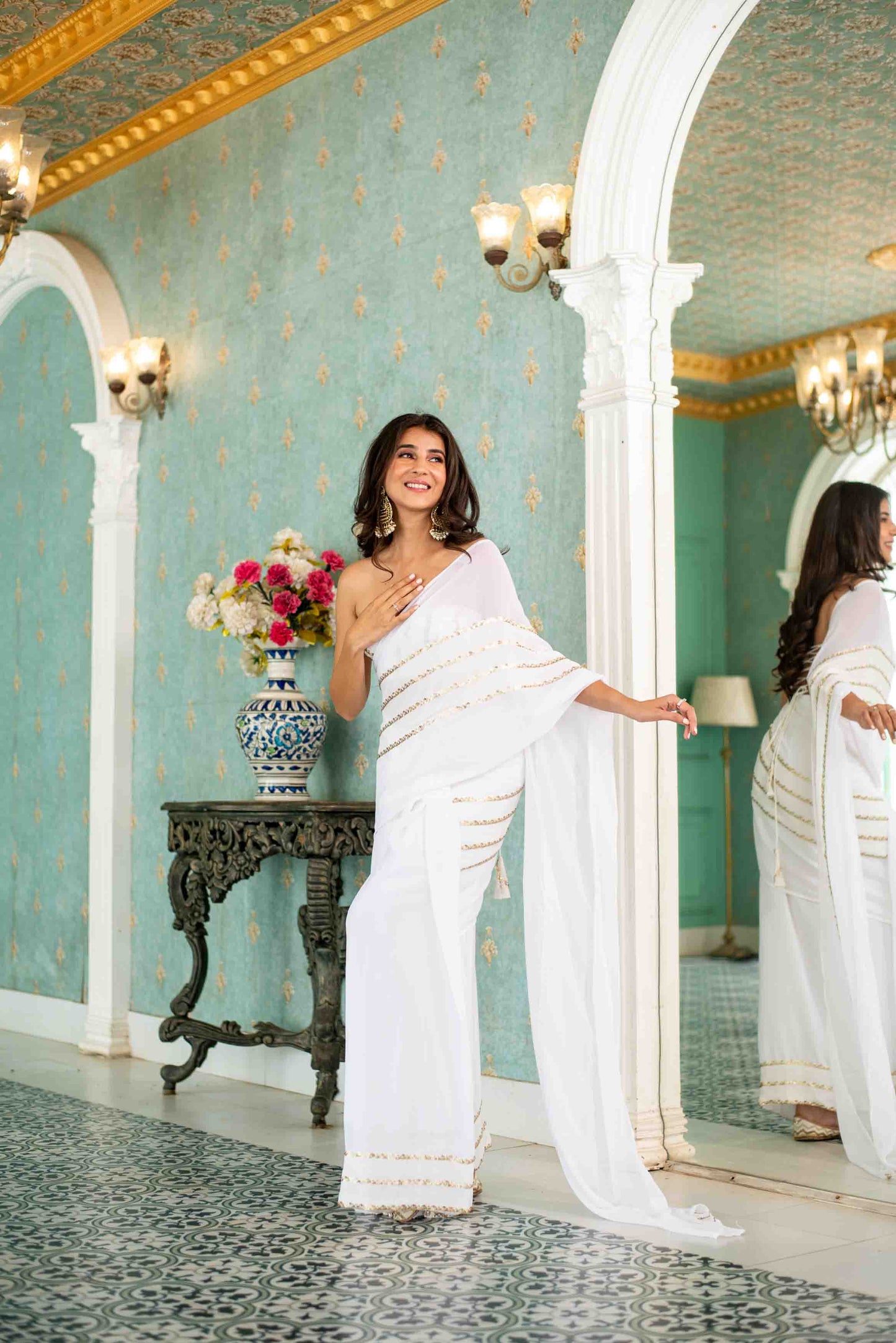 Women's White Sequin Skirt Saree