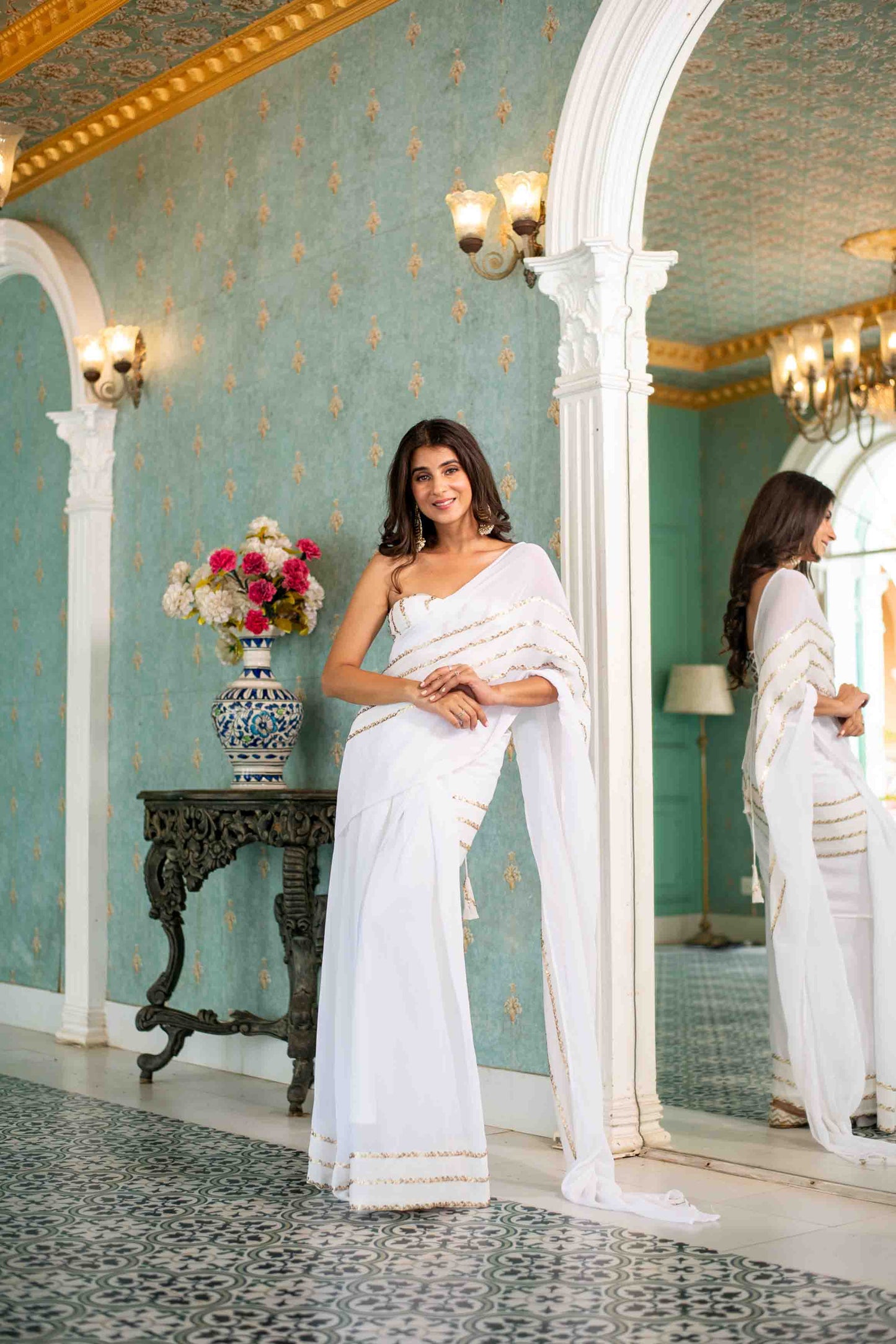 Women's White Sequin Skirt Saree