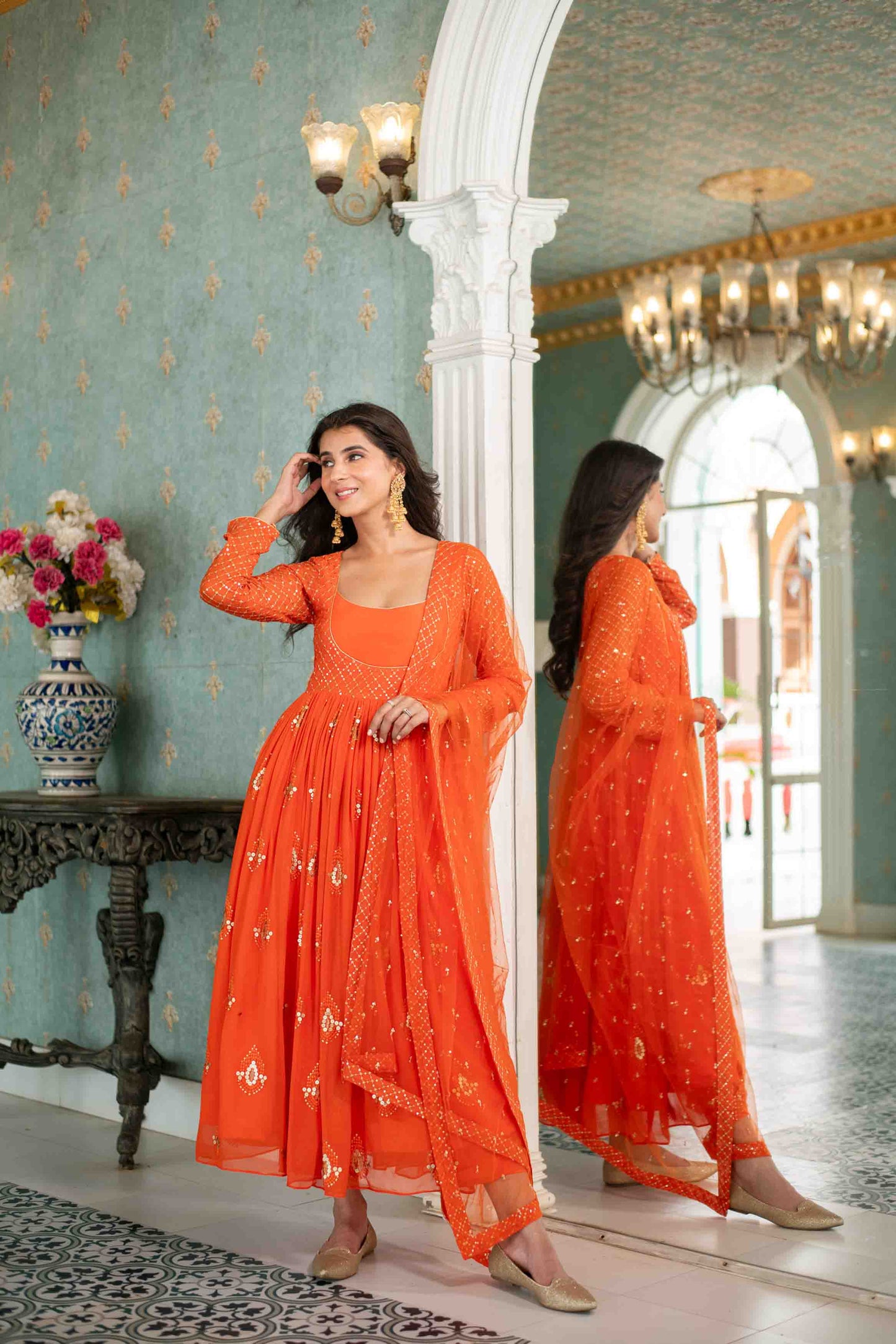 Women's Orange  Choli Style Anarkali Set