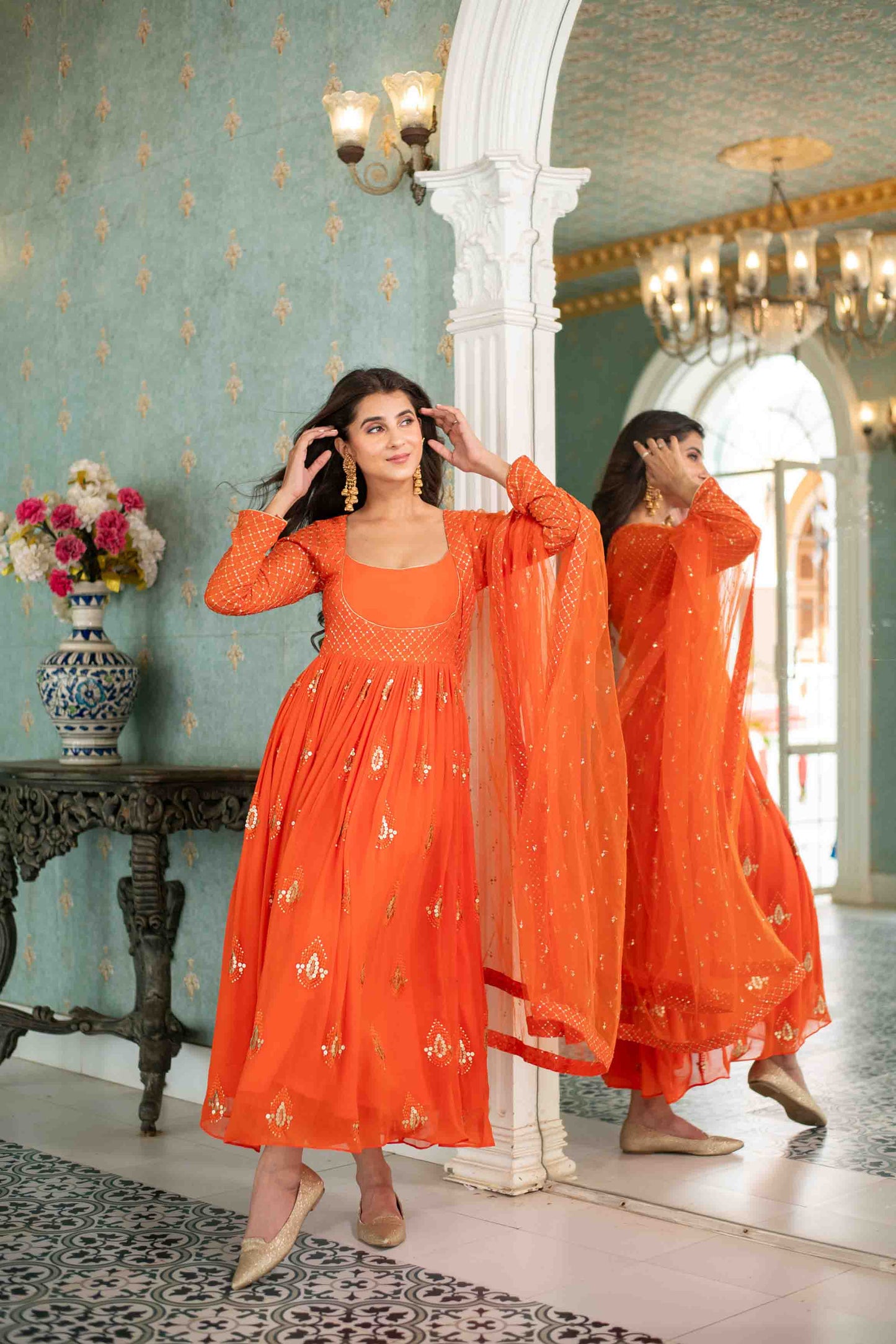 Women's Orange  Choli Style Anarkali Set