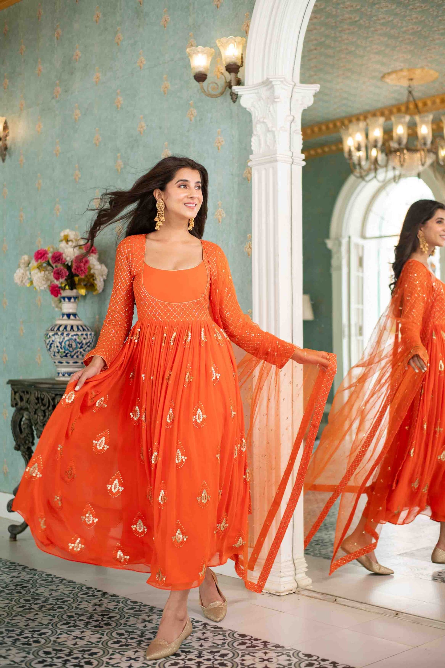 Women's Orange  Choli Style Anarkali Set