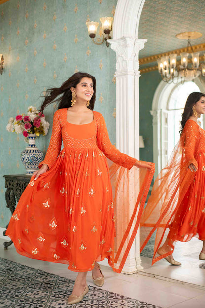 Women's Orange  Choli Style Anarkali Set