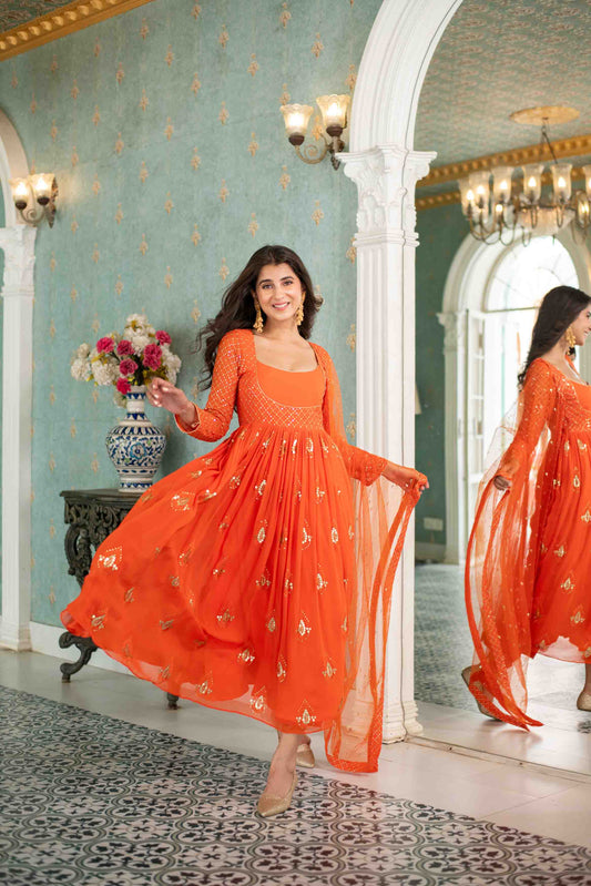 Women's Orange  Choli Style Anarkali Set