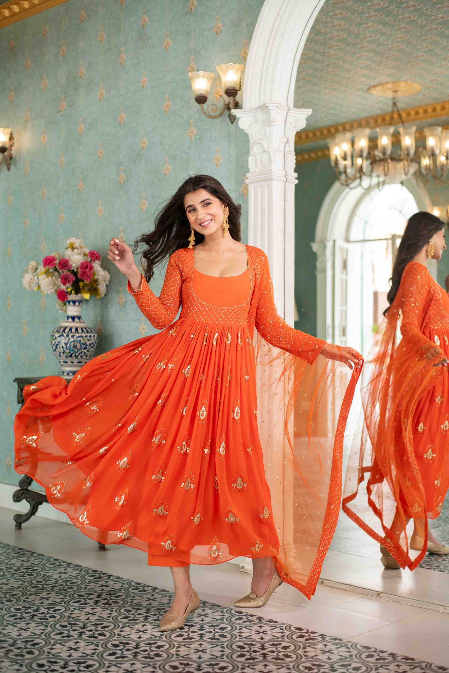 Women's Orange  Choli Style Anarkali Set