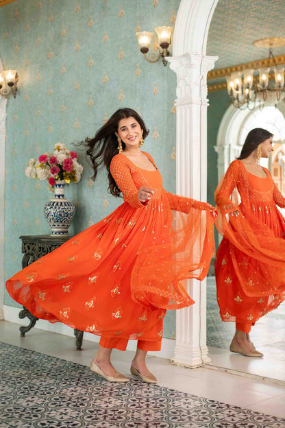 Women's Orange  Choli Style Anarkali Set