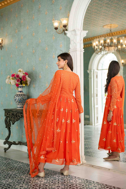 Women's Orange  Choli Style Anarkali Set