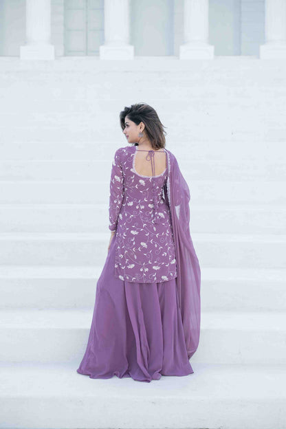 Women's Lilac Thread Work Georgette Kurta Set