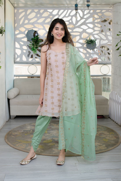 Women's Peach And Pista Dhoti Set (3pcs set)