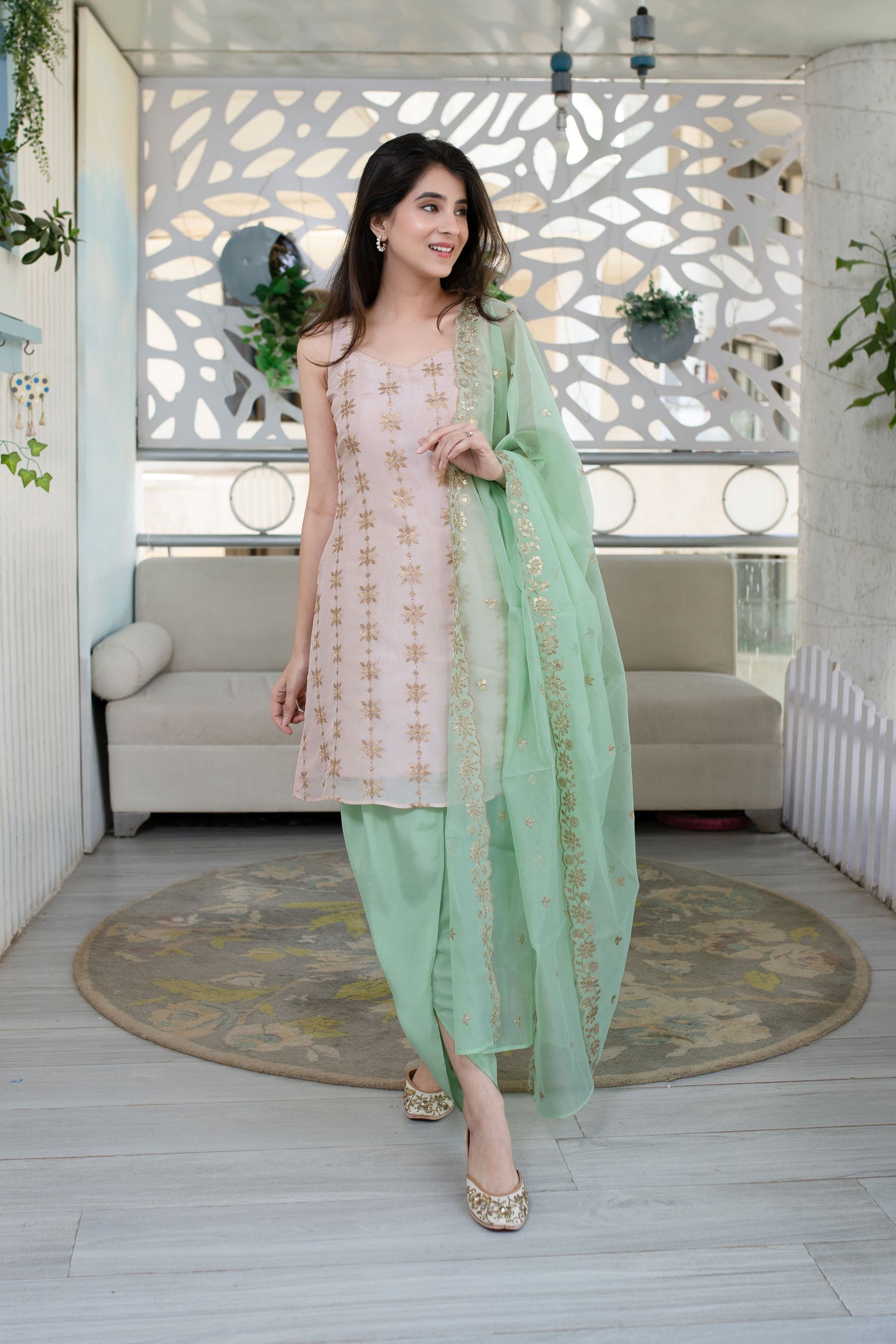 Women's Peach And Pista Dhoti Set (3pcs set)