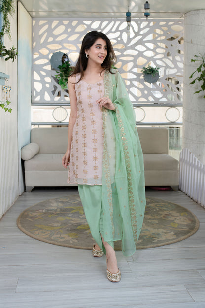 Women's Peach And Pista Dhoti Set (3pcs set)