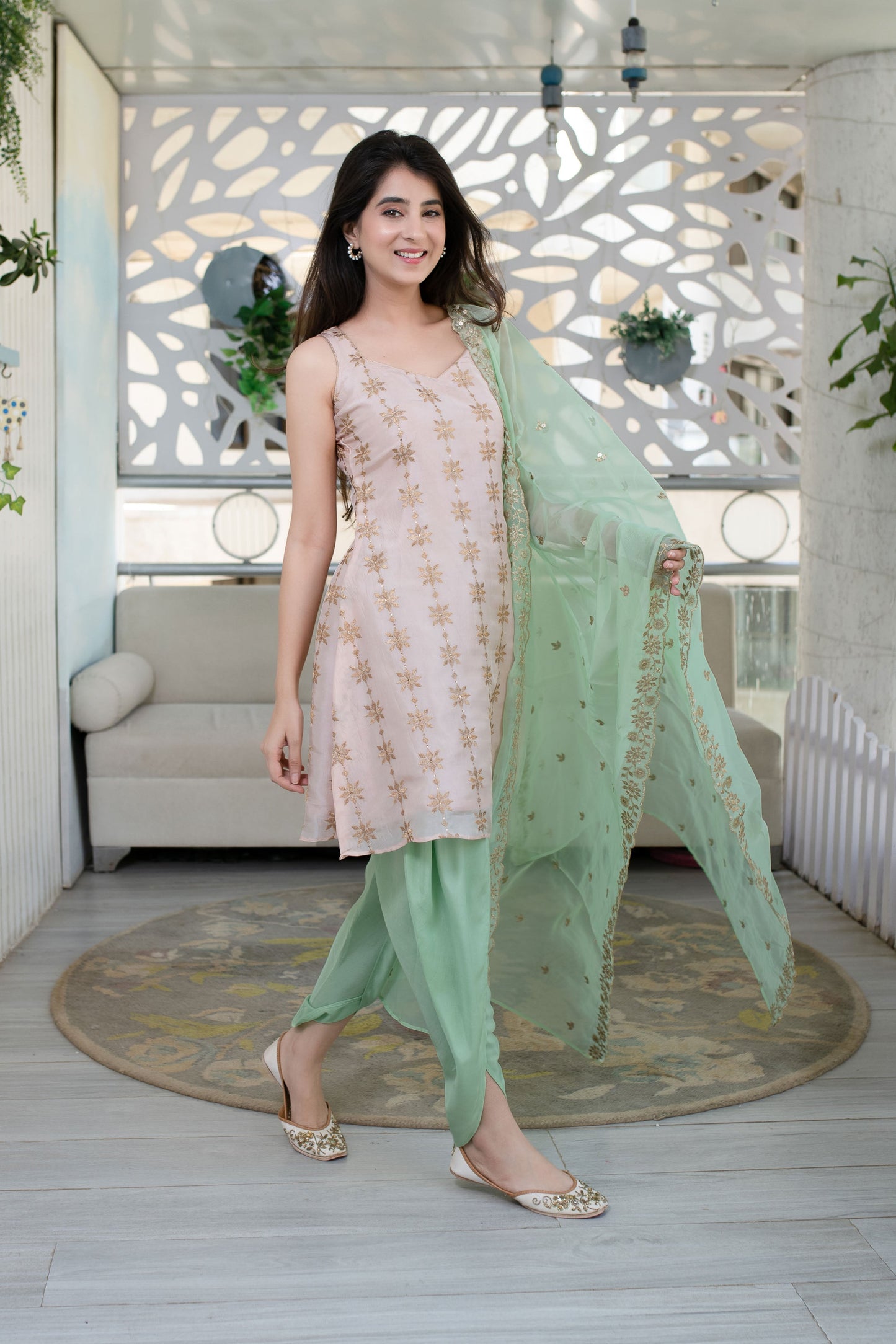 Women's Peach And Pista Dhoti Set (3pcs set)