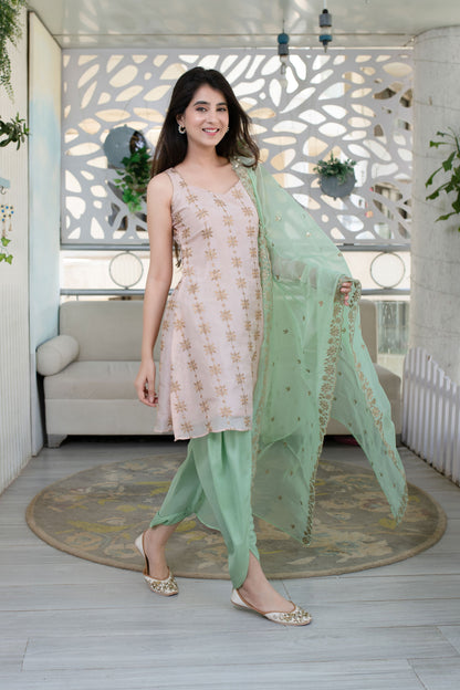 Women's Peach And Pista Dhoti Set (3pcs set)