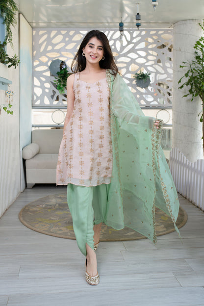 Women's Peach And Pista Dhoti Set (3pcs set)
