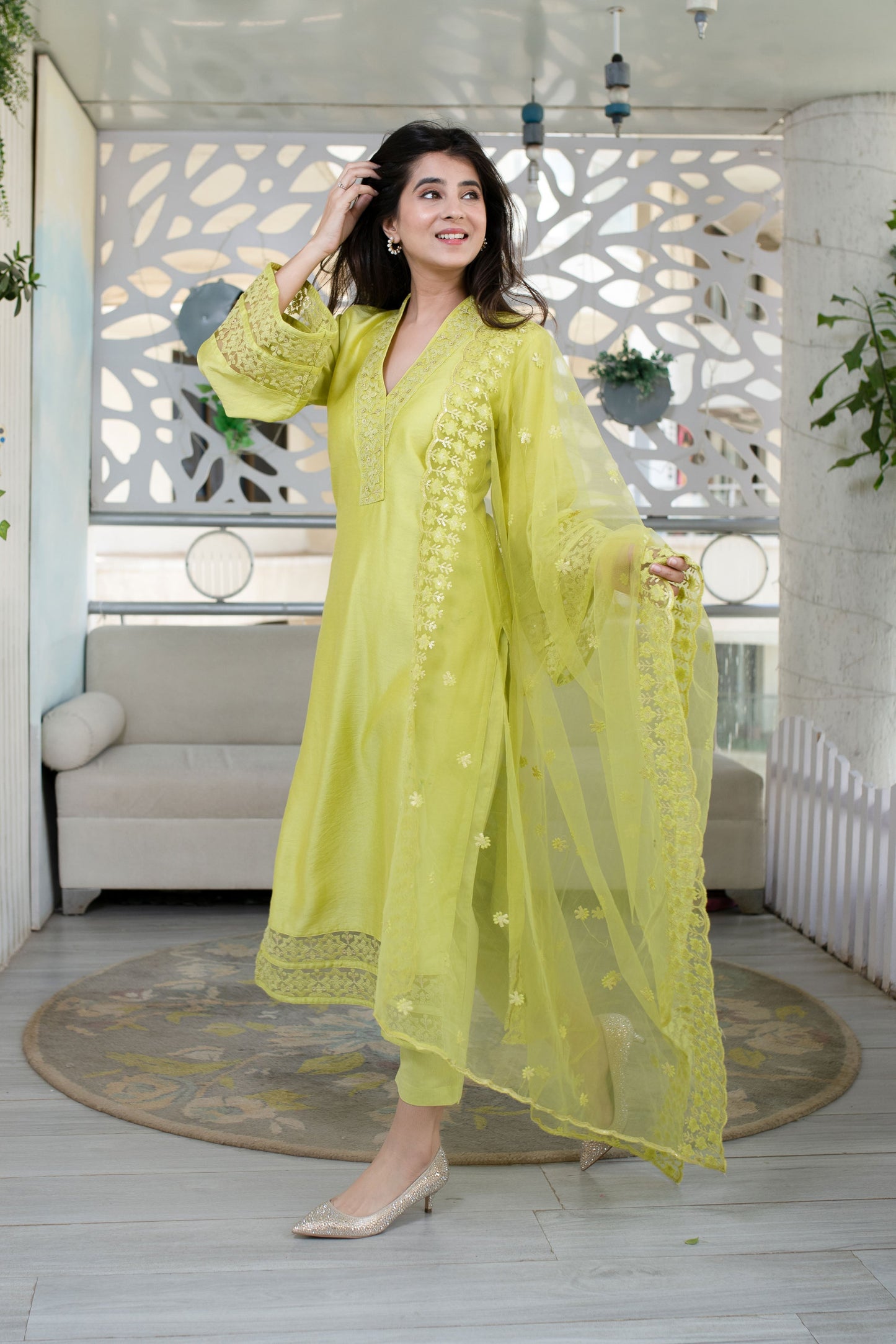 Women's Lime Green Kurta With Lace Work (3pcs set)