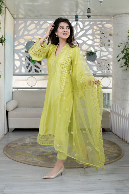 Women's Lime Green Kurta With Lace Work (3pcs set)