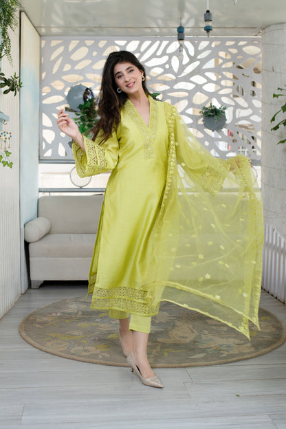 Women's Lime Green Kurta With Lace Work (3pcs set)