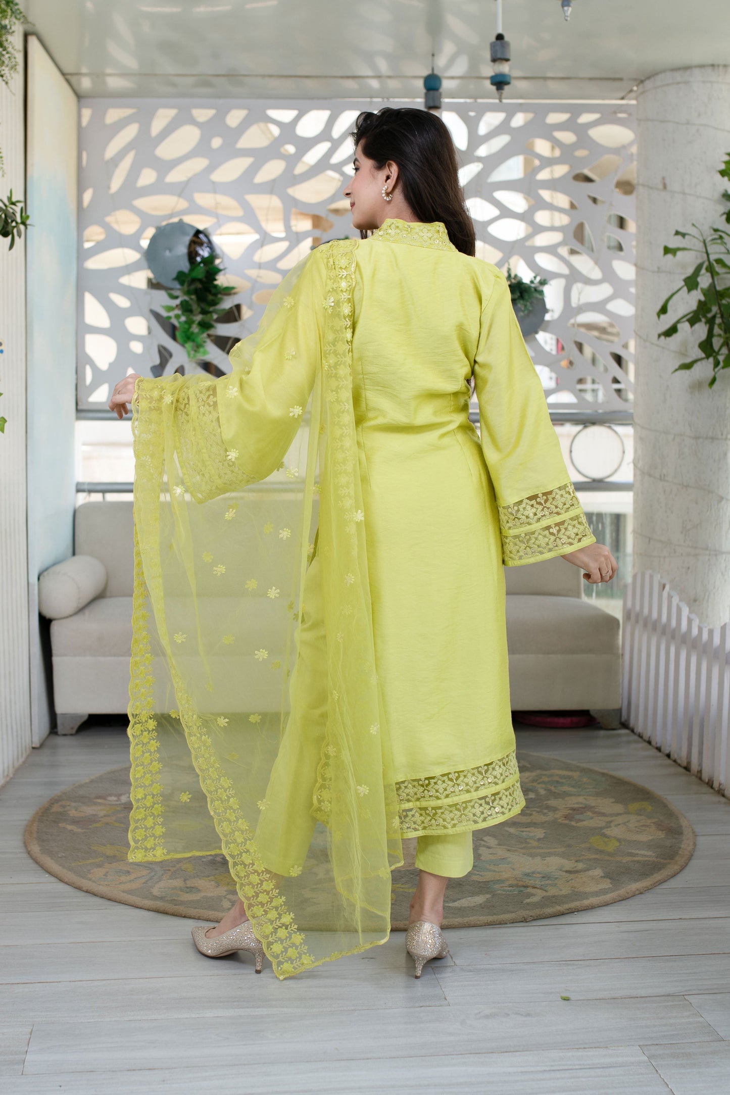 Women's Lime Green Kurta With Lace Work (3pcs set)