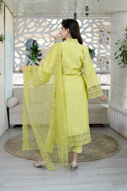 Women's Lime Green Kurta With Lace Work (3pcs set)