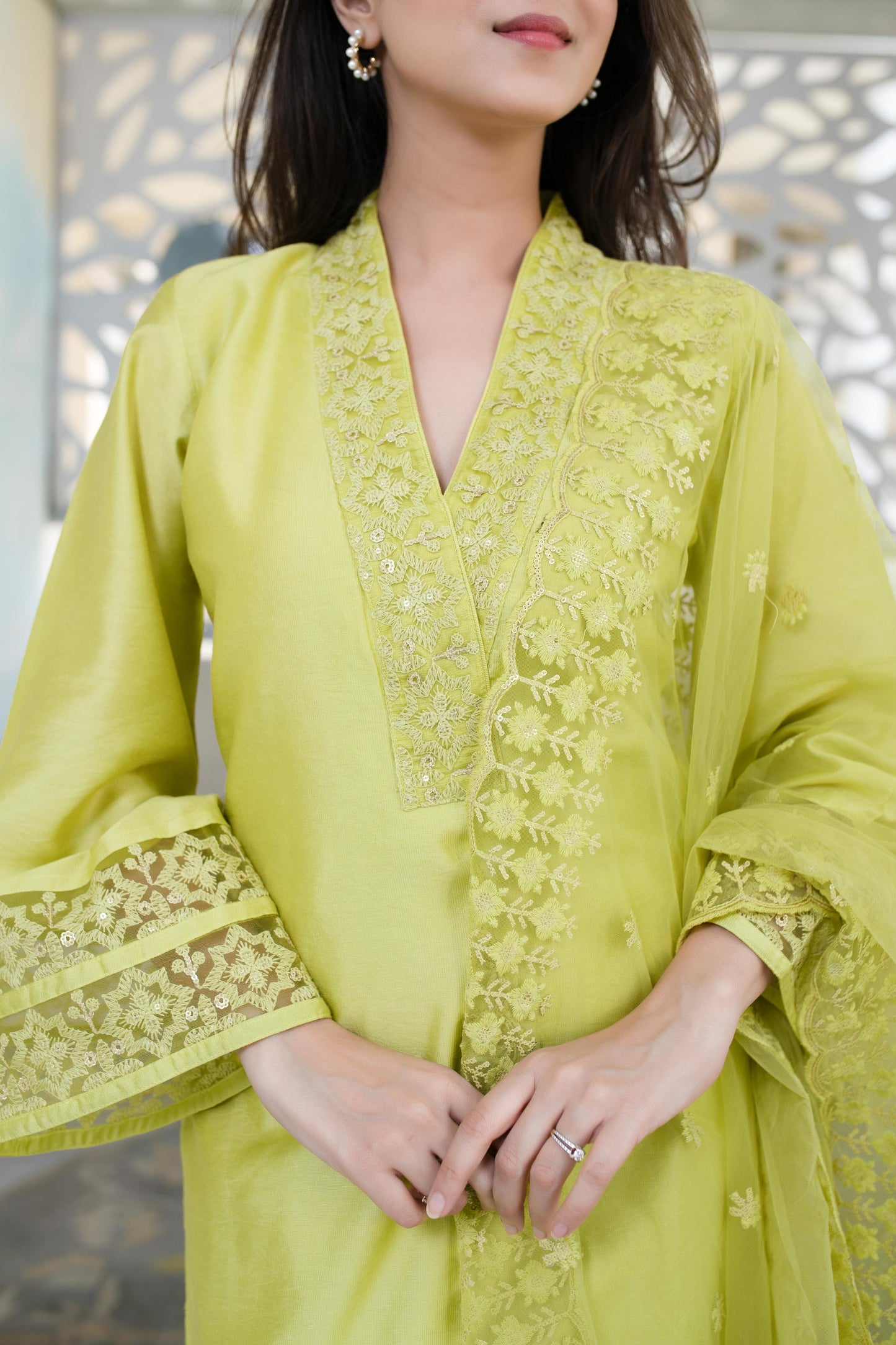 Women's Lime Green Kurta With Lace Work (3pcs set)