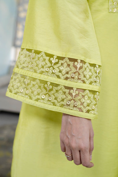 Women's Lime Green Kurta With Lace Work (3pcs set)