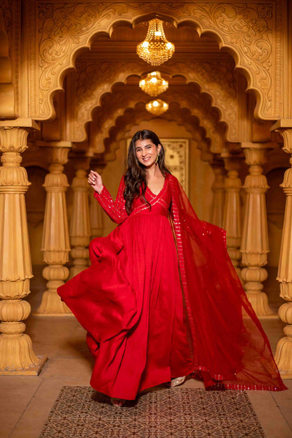 Women's Red Chanderi Long Gown With Dupatta