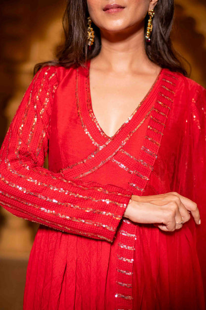 Women's Red Chanderi Long Gown With Dupatta