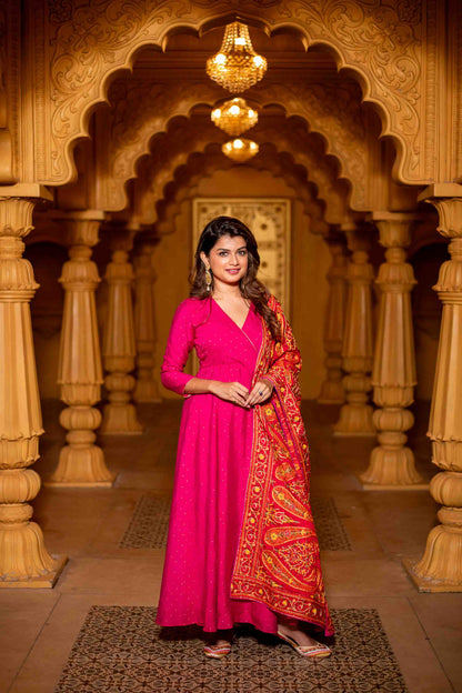 Women's Pink Chanderi Overlap Long Anarkali Set