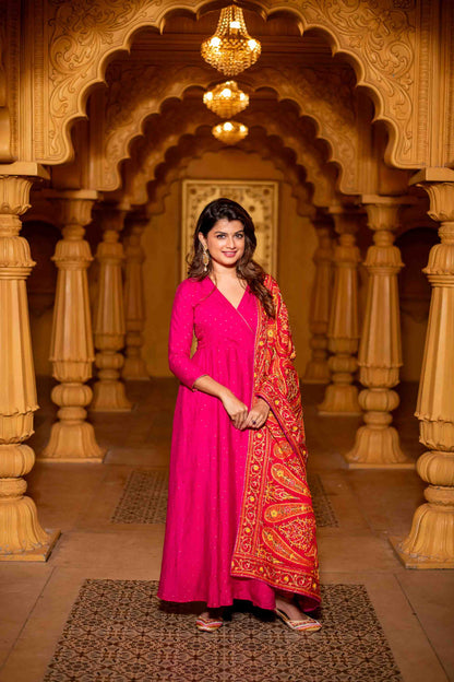 Women's Pink Chanderi Overlap Long Anarkali Set