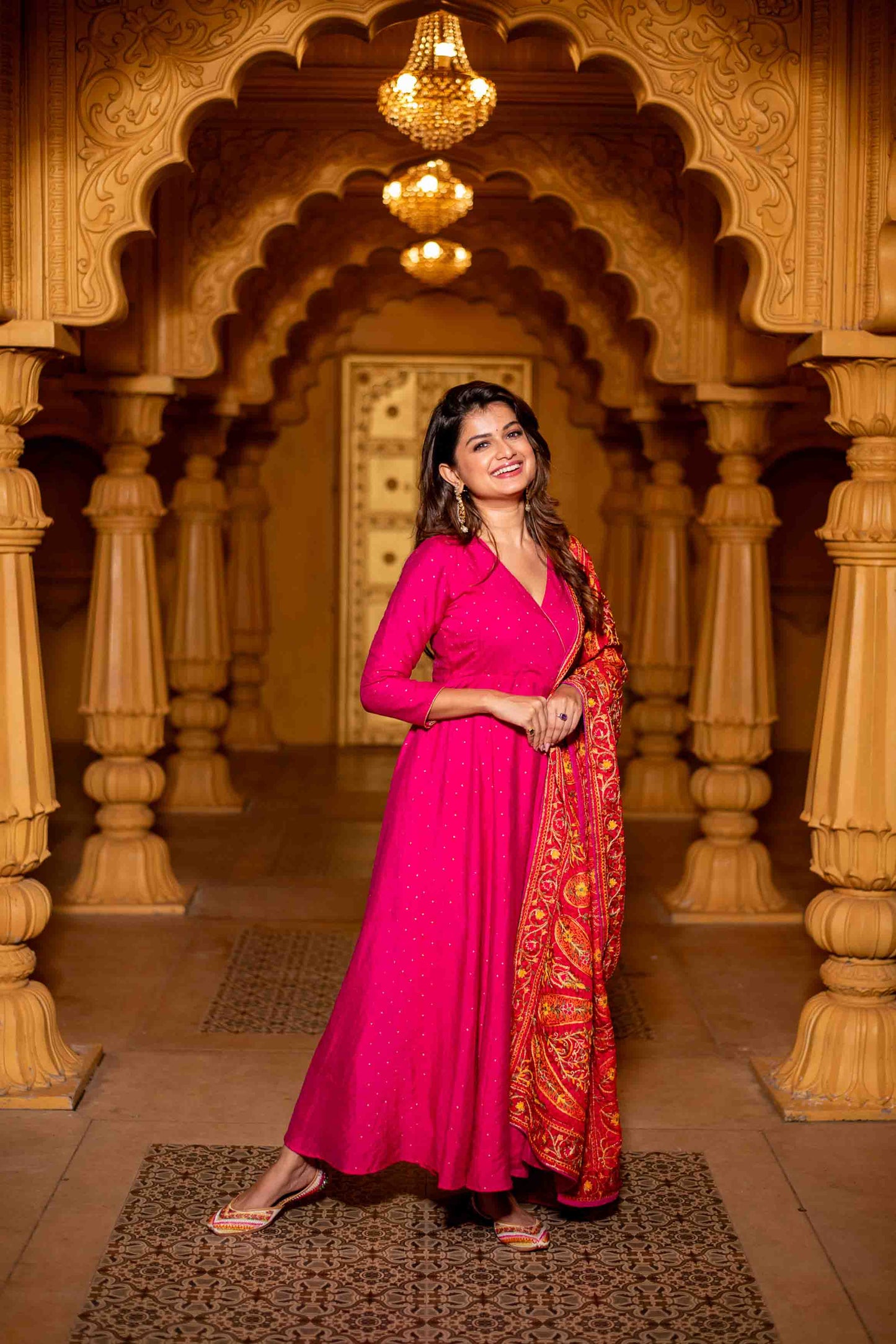 Women's Pink Chanderi Overlap Long Anarkali Set