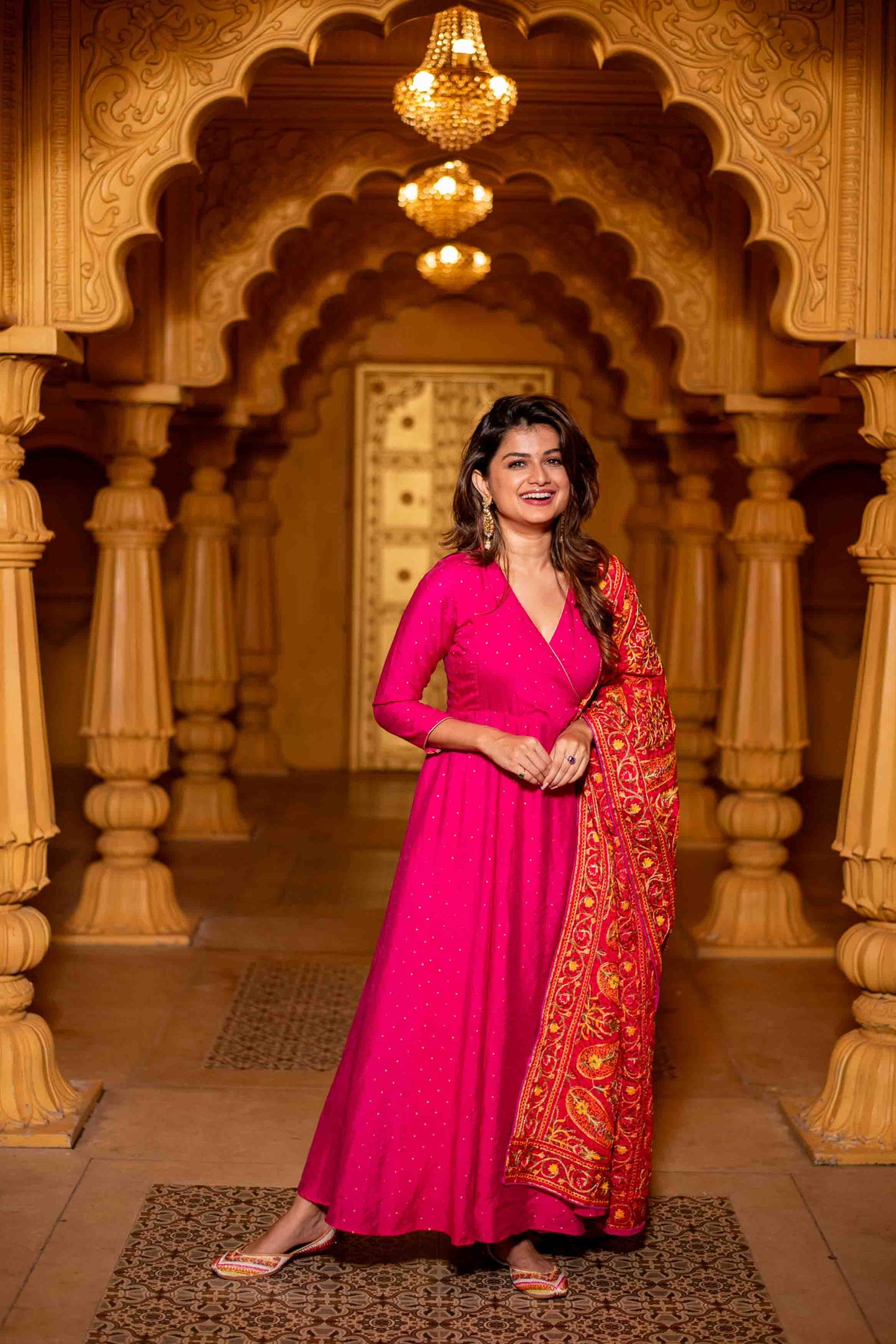 Women's Pink Chanderi Overlap Long Anarkali Set