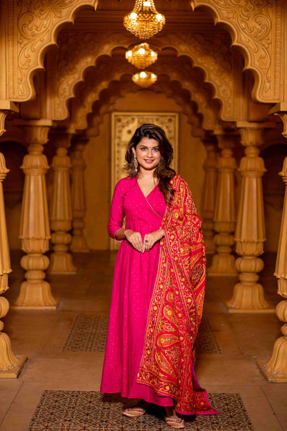 Women's Pink Chanderi Overlap Long Anarkali Set