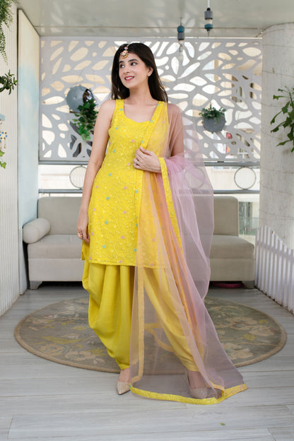 Women's Yellow And Pink Patiala Set (3pc