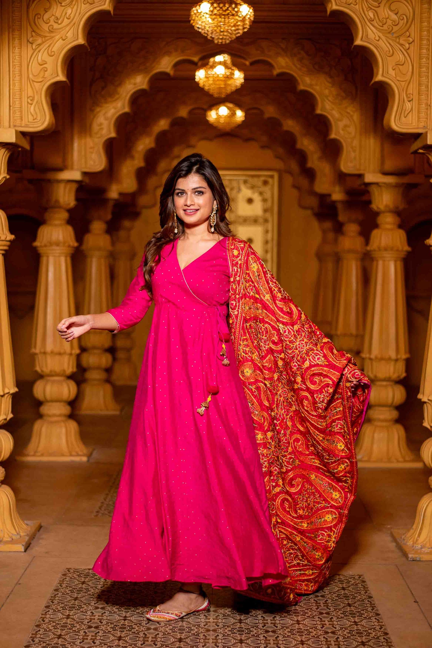 Women's Pink Chanderi Overlap Long Anarkali Set
