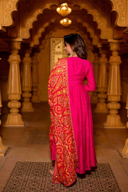 Women's Pink Chanderi Overlap Long Anarkali Set