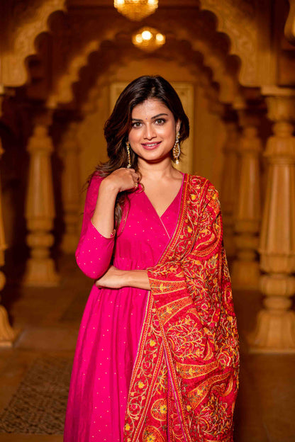Women's Pink Chanderi Overlap Long Anarkali Set