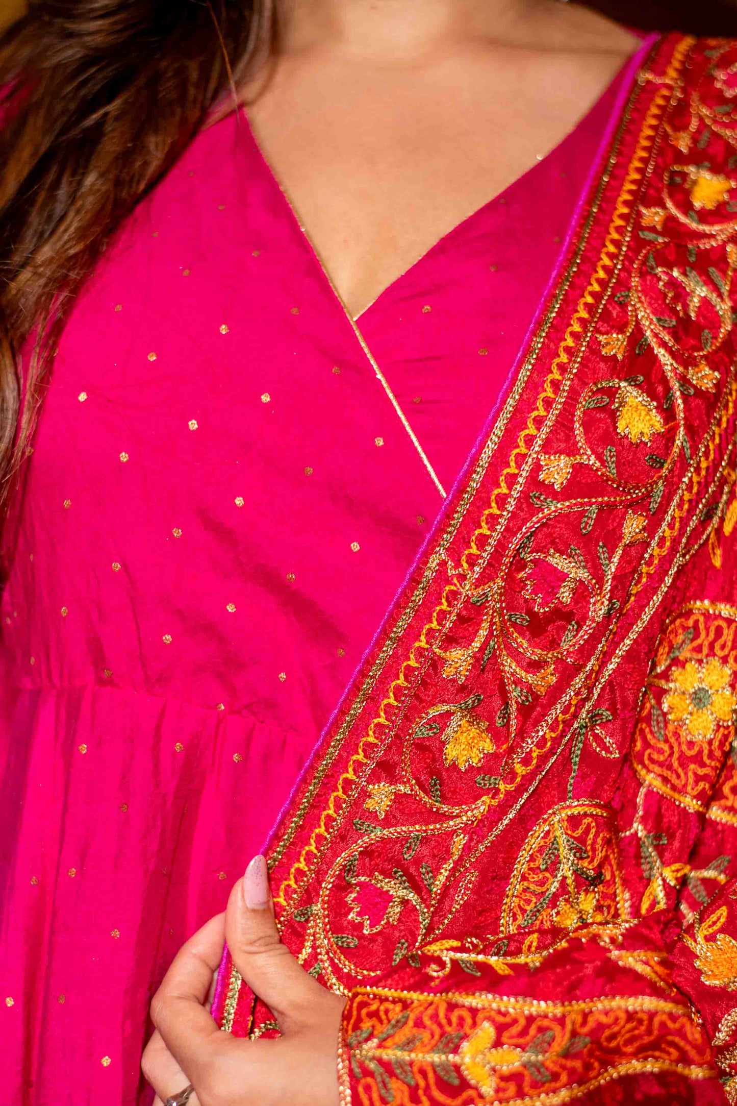 Women's Pink Chanderi Overlap Long Anarkali Set