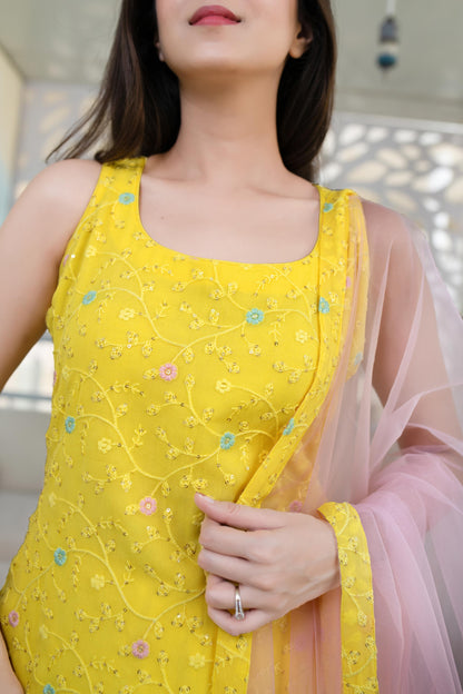 Women's Yellow And Pink Patiala Set (3pc