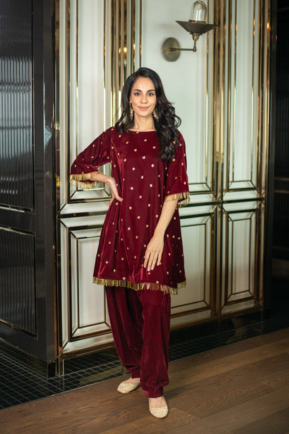 Women's Velvet Maroon Sequin Co-ord Set