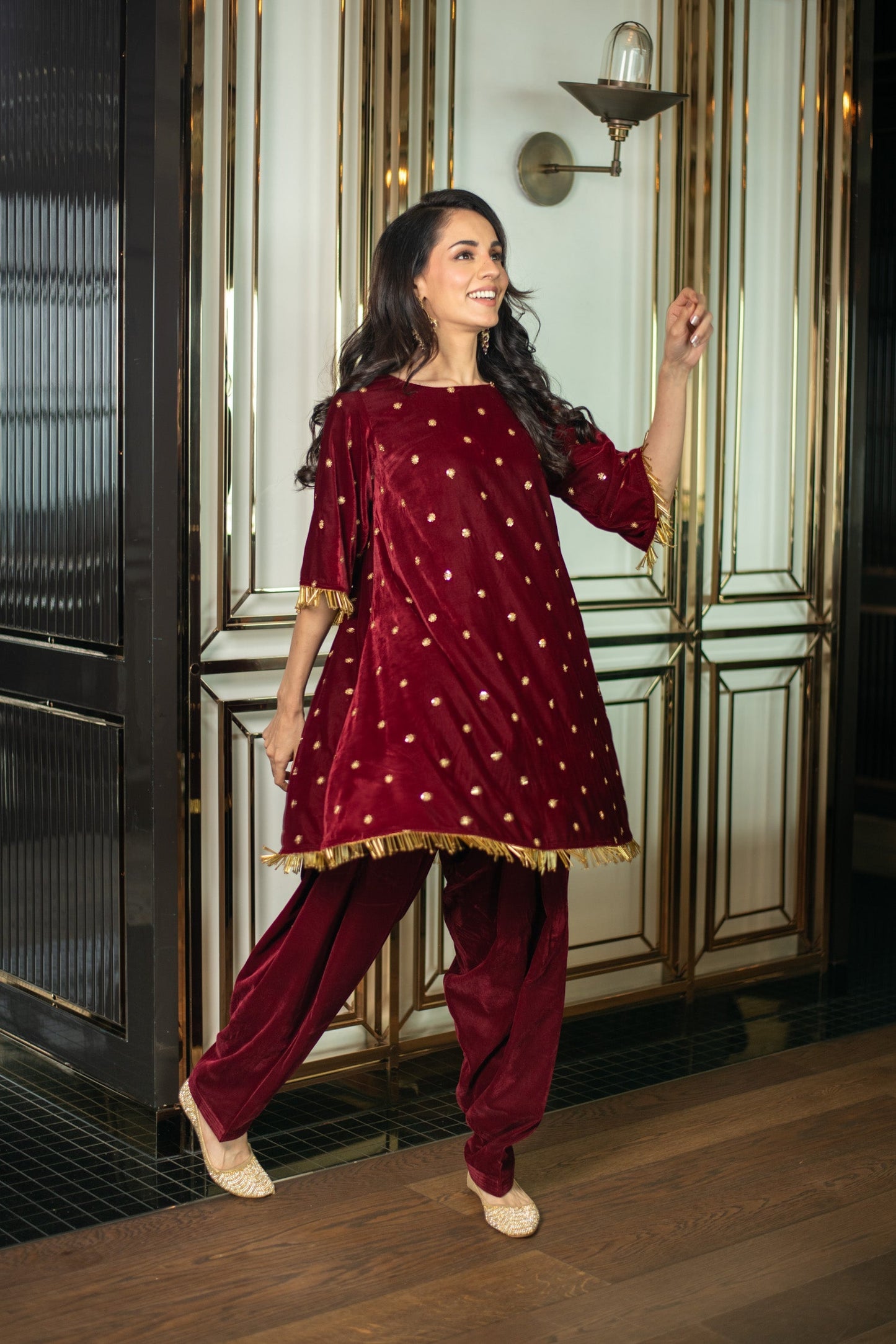 Women's Velvet Maroon Sequin Co-ord Set
