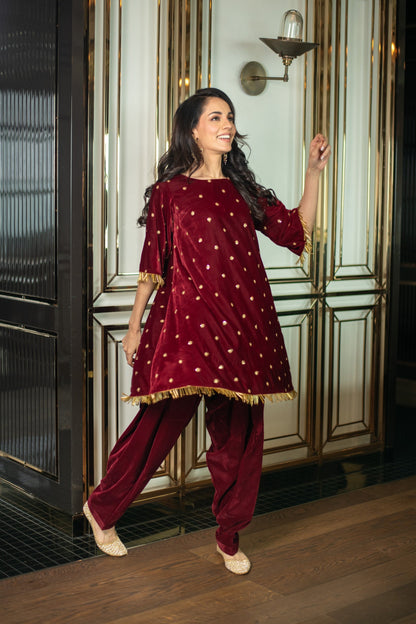 Women's Velvet Maroon Sequin Co-ord Set