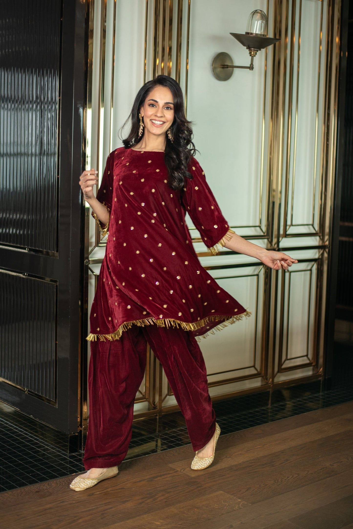 Women's Velvet Maroon Sequin Co-ord Set